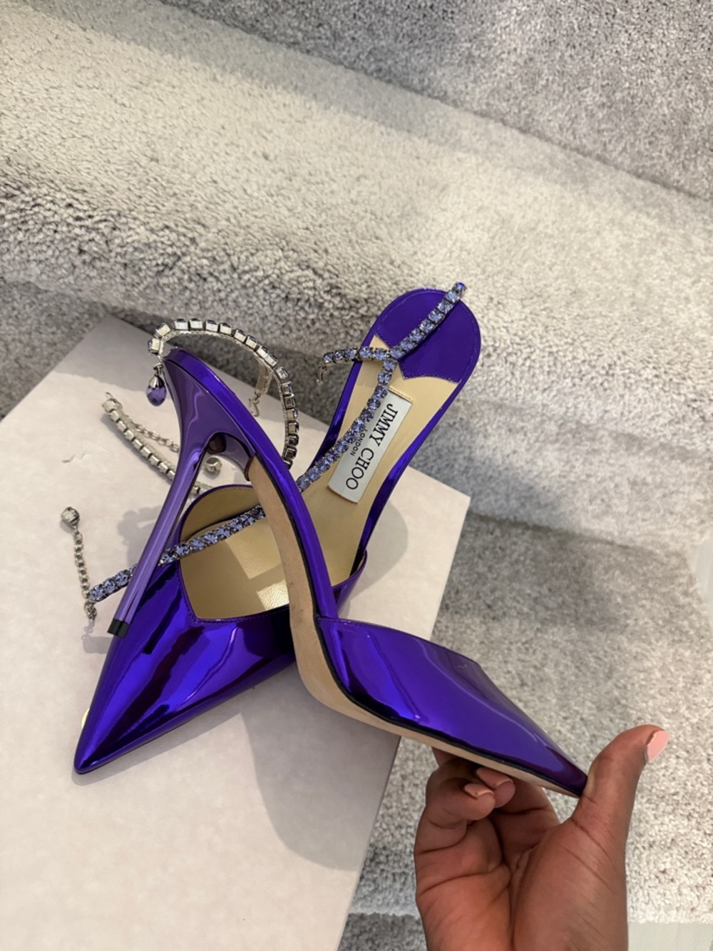Jimmy Choo Metallic Purple Crystal T-Strap Pointed Slingback Heels - Picture 7 of 17